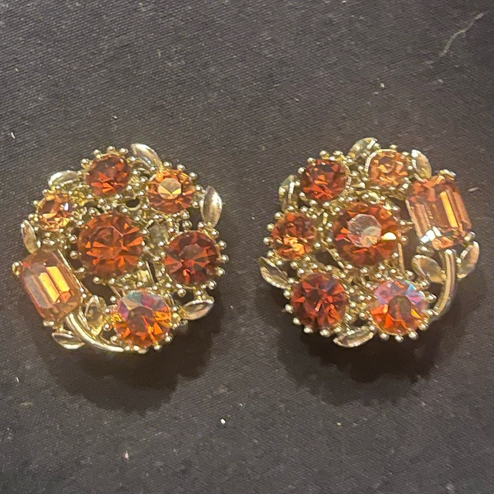Vintage Gold Tone Orange Rhinestone Earrings Lisner